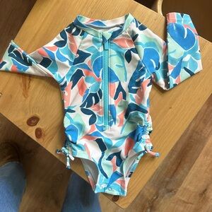 Old Navy Kids Long-Sleeve One-Piece Swimsuit in Coral, Aqua & Navy Leaf Print